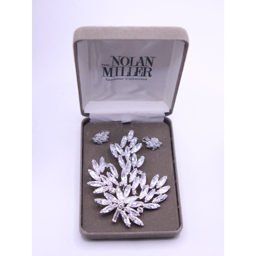 Nolan Miller Crystal Leaf Brooch And CZ Clip On Earrings Set Glamour Collection